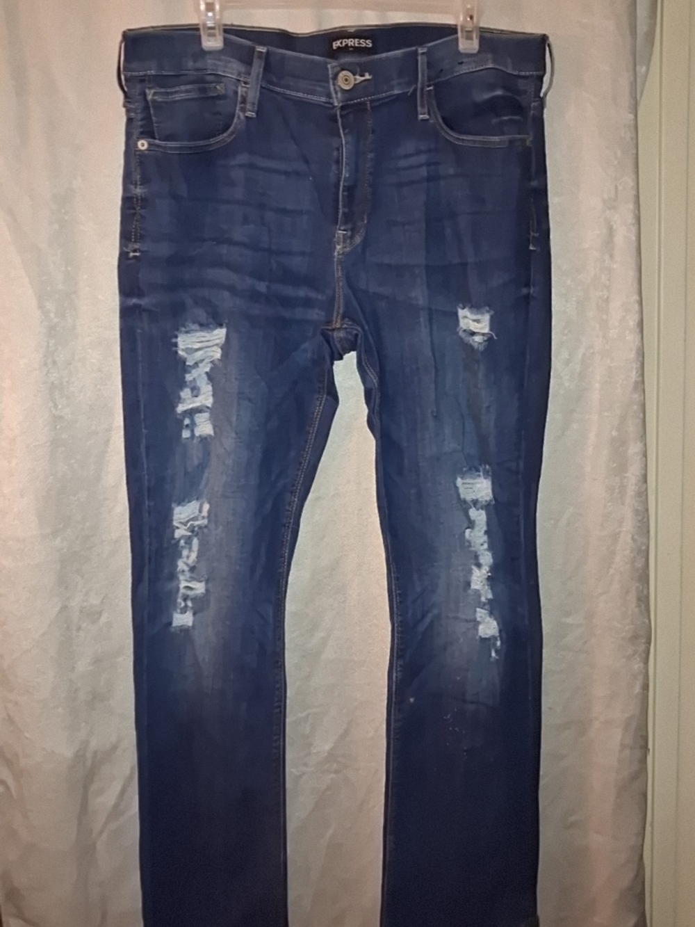 Express Distressed Boot Cut Jeans - Dark Blue